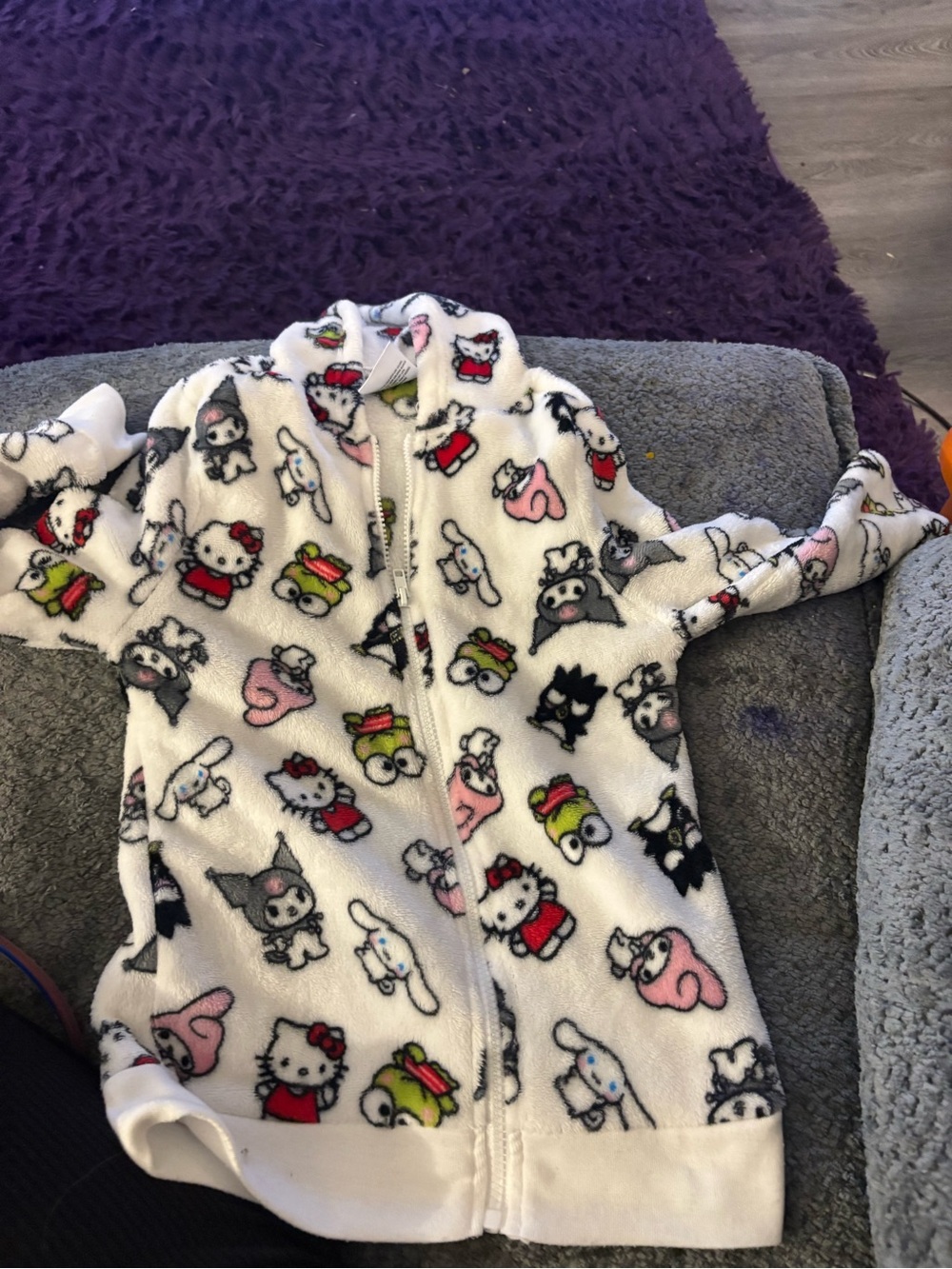 Sanrio White Plush Kids Zip-Up One-Piece with Multicolor Character Print